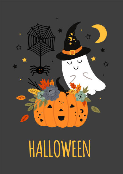 cute halloween poster with pumpkin, ghost and spider